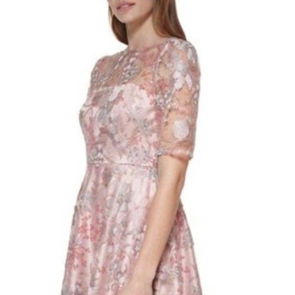 Eliza J Pink Embroidered Lace Overlay Fit & Flare Midi Dress Girly Glinda Spring - Picture 5 of 14